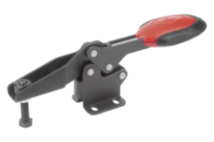 Toggle clamps horizontal with safety interlock  with flat foot and adjustable clamping spindle