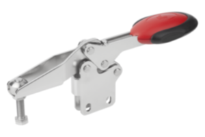 Toggle clamps horizontal with safety interlock  with straight foot and adjustable clamping spindle, stainless steel